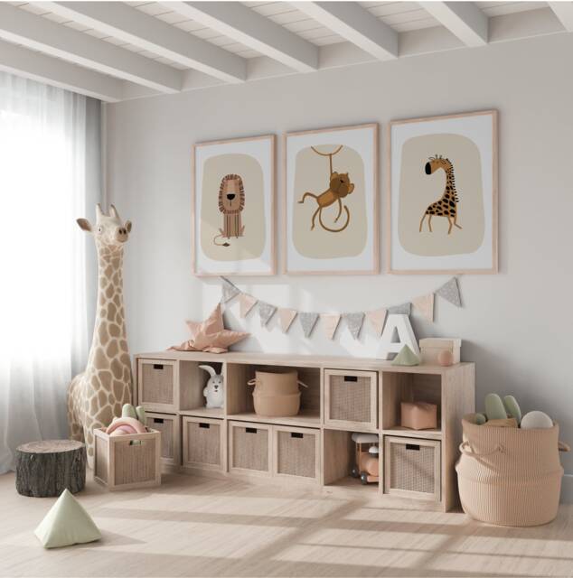 Safari Nursery Wall Prints, Decor, Boho Set Of 3 Beige Art, Neutral Art - image 1
