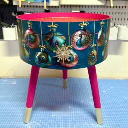 Hot Pink & Glitter Christmas Round Side Table , Teal Emerald Green Peacock Design With Jewel Colours. Nightstand. Hanukkah End