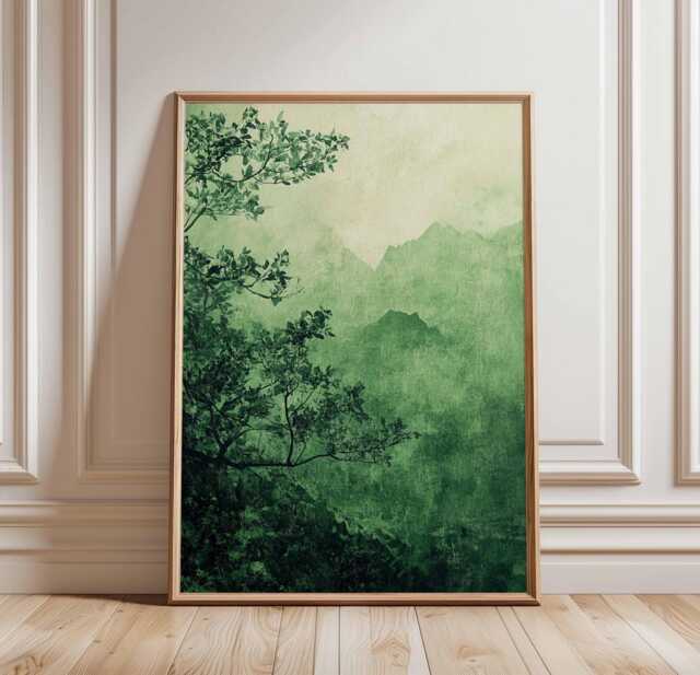Green Mountain Landscape Poster, Tranquil Nature Art, Misty Mountains & Trees, Abstract Print, Peaceful Wall Decor - image 1