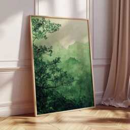 Green Mountain Landscape Poster, Tranquil Nature Art, Misty Mountains & Trees, Abstract Print, Peaceful Wall Decor - thumbnail 2