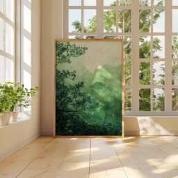 Green Mountain Landscape Poster, Tranquil Nature Art, Misty Mountains & Trees, Abstract Print, Peaceful Wall Decor - thumbnail 3