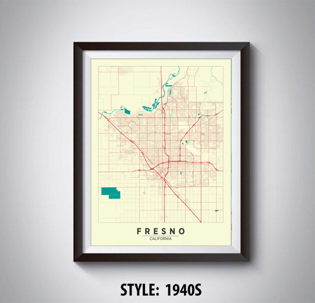 Fresno Ca Map Print Vintage Style Travel Poster, Office Wall Art - image 1