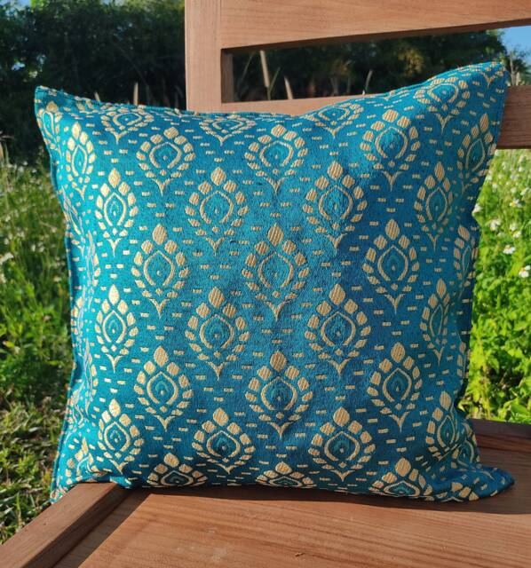 Blue & Golden Cushion Cover Handmade Thai Throw Pillow - 18 Inch - image 1