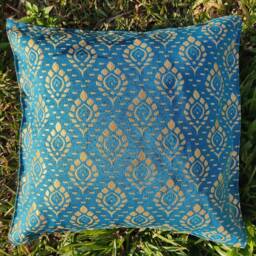 Blue & Golden Cushion Cover Handmade Thai Throw Pillow - 18 Inch - thumbnail 3