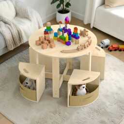 Kids Wooden Inspired Learning Table Set Toddler Desk Storage Craft Gift Study Furniture Round - thumbnail 3