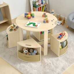 Kids Wooden Inspired Learning Table Set Toddler Desk Storage Craft Gift Study Furniture Round - thumbnail 2