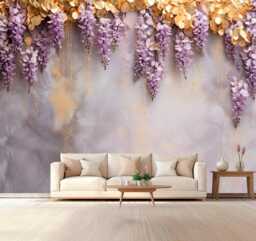 Purple Gold Wisteria Flower Wall Mural Lavender Flower Wallpaper Baby Girl Wisteria Bedroom Golden Decal Customizable