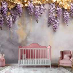 Purple Gold Wisteria Flower Wall Mural Lavender Flower Wallpaper Baby Girl Wisteria Bedroom Golden Decal Customizable - thumbnail 3