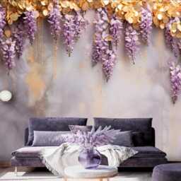 Purple Gold Wisteria Flower Wall Mural Lavender Flower Wallpaper Baby Girl Wisteria Bedroom Golden Decal Customizable - thumbnail 2