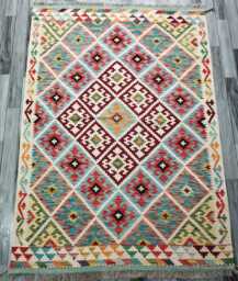 Heritage Kilim Rug, Handmade Artisan Afghan Turkish, Scandinavian, Navajo, Bohemian Flatweave, Natural Wool Multicolour Rug 200x146 cm - thumbnail 1