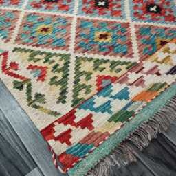 Heritage Kilim Rug, Handmade Artisan Afghan Turkish, Scandinavian, Navajo, Bohemian Flatweave, Natural Wool Multicolour Rug 200x146 cm - thumbnail 3