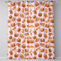 Kawaii Burger Fries Hotdog Fast Food Seamless Pattern Pink Gingham Background Readymade Eyelet Ring Top Thermal 100% Blackout Curtains - thumbnail 2