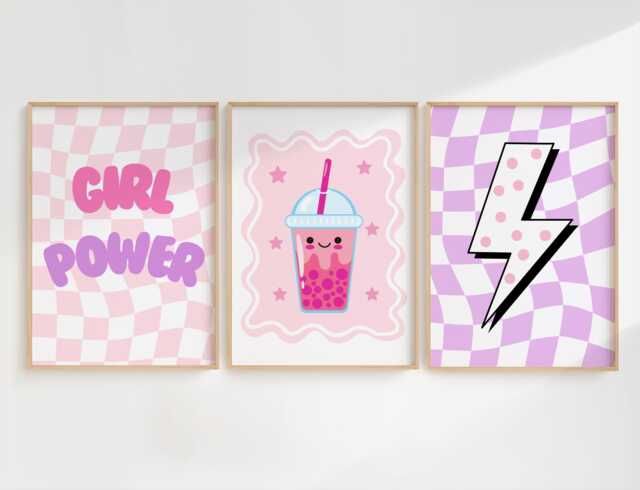 Girls Retro Girl Power Bubble Tea Wall Print Set For Childrens Bedroom Or Playroom - image 1