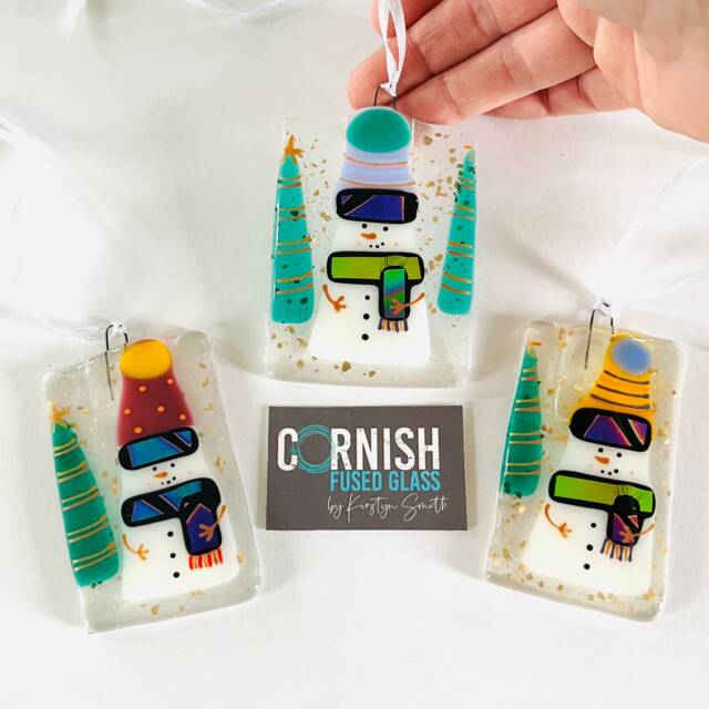 Fused Glass Snowman Christmas Decoration, Snowman Cornish - image 1