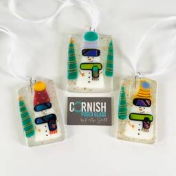Fused Glass Snowman Christmas Decoration, Snowman Cornish - thumbnail 2