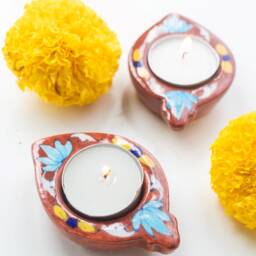 Brown Floral Blue Pottery Diya Set Of 2/4/6, Candel Stand, T-Light Holder, Handcrafted Diyas, Potters in Jaipur