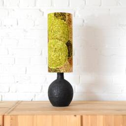 Vintage Brutalist Black Lamp Base Made Of Chamotte Clay With New Handmade Lampshade Original Vintage Fabric - thumbnail 2