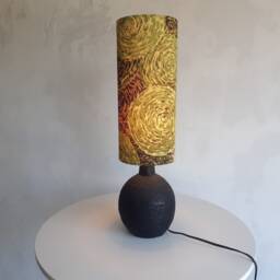 Vintage Brutalist Black Lamp Base Made Of Chamotte Clay With New Handmade Lampshade Original Vintage Fabric - thumbnail 4