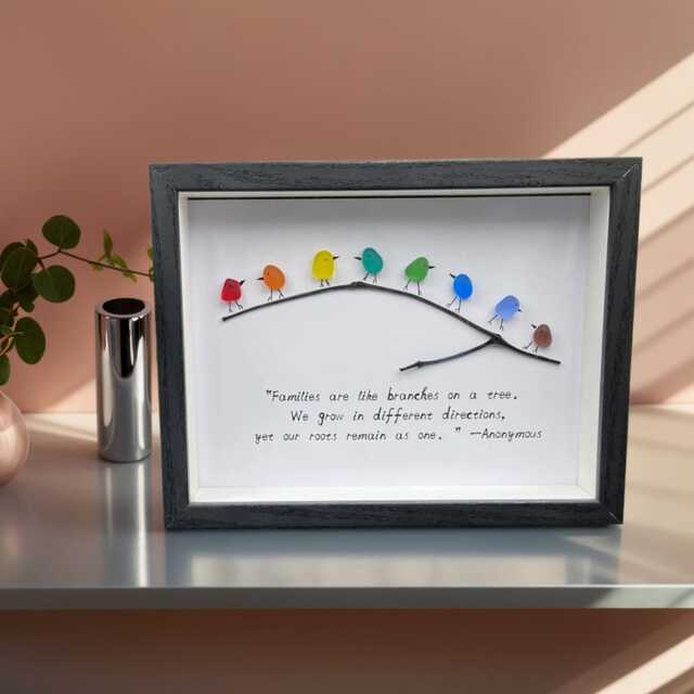 Personalized Sea Glass Rainbow Birds Art Framed Family Tree Decor - image 1