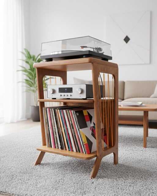 Retro Turntable Stand With Shelf For An Amplifier/Record Player Plywood Furniture/ 50 cm Wide - image 1