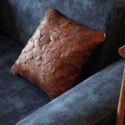 Handwoven Leather Pillow, Boho Cushion, Full Grain Cow - thumbnail 4
