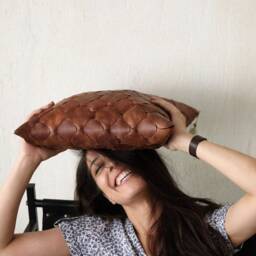 Handwoven Leather Pillow, Boho Cushion, Full Grain Cow - thumbnail 3