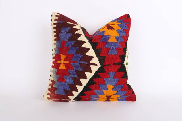 Vintage Turkish Kilim Pillow Cover 16'' Handwoven Wool Throw - image 1