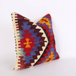 Vintage Turkish Kilim Pillow Cover 16'' Handwoven Wool Throw - thumbnail 3
