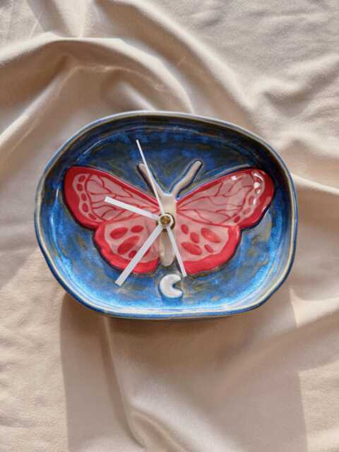 Handmade Butterfly Moth Ceramic Clock - Celestial Moon & Stars Wall Decor - image 1
