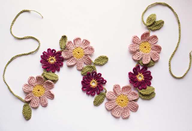 Crochet Pink Daisy Flower With Leaves Wall Hanging Bunting - Nature Decoration Spring Summer Garland Easter/ Mother's Day Present Gift - image 1