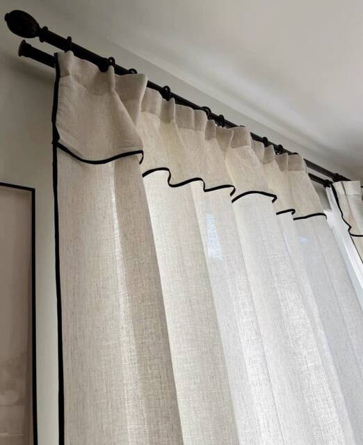 Custom Black Border Valance Curtains , Handmade Sheer Linen For Livingroom Bedroom - image 1