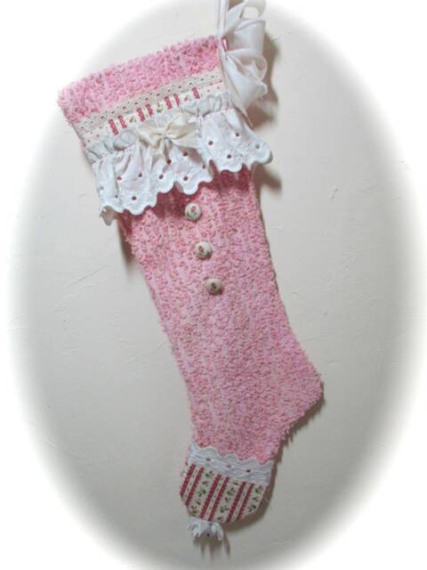 Pink Christmas Stocking Shabby Chic Vintage Chenille Victorian Cottage Baby Girl Quiltsy Handmade - image 1