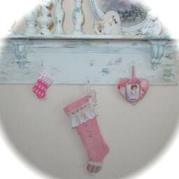 Pink Christmas Stocking Shabby Chic Vintage Chenille Victorian Cottage Baby Girl Quiltsy Handmade - thumbnail 2
