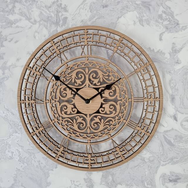 Wooden Wall Clock Silent Non Ticking Roman Numerals 30cm Oak Ornament Gift - image 1