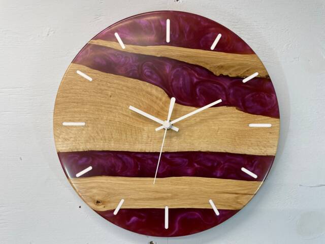English Oak & Pearlescent Magenta Resin Wall Clock, 28cm Modern Abstract Unusual Clocks, Unique Clocks - image 1