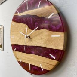 English Oak & Pearlescent Magenta Resin Wall Clock, 28cm Modern Abstract Unusual Clocks, Unique Clocks - thumbnail 3