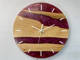 English Oak & Pearlescent Magenta Resin Wall Clock, 28cm Modern Abstract Unusual Clocks, Unique Clocks