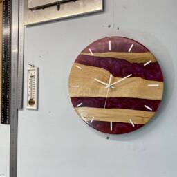 English Oak & Pearlescent Magenta Resin Wall Clock, 28cm Modern Abstract Unusual Clocks, Unique Clocks - thumbnail 2