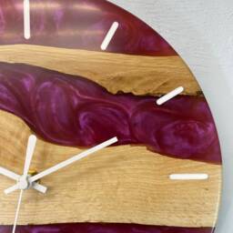 English Oak & Pearlescent Magenta Resin Wall Clock, 28cm Modern Abstract Unusual Clocks, Unique Clocks - thumbnail 4