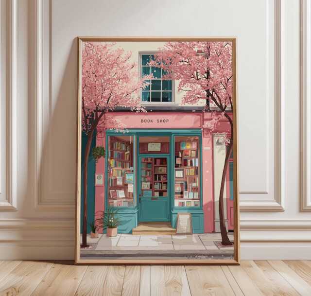 Cherry Blossom Bookstore Poster, Pink & Teal Book Shop Wall Art, Spring Street Scene Print, Whimsical Decor, Cozy Reading Gift - image 1