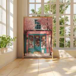 Cherry Blossom Bookstore Poster, Pink & Teal Book Shop Wall Art, Spring Street Scene Print, Whimsical Decor, Cozy Reading Gift - thumbnail 3