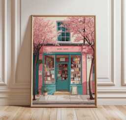Cherry Blossom Bookstore Poster, Pink & Teal Book Shop Wall Art, Spring Street Scene Print, Whimsical Decor, Cozy Reading Gift - thumbnail 1