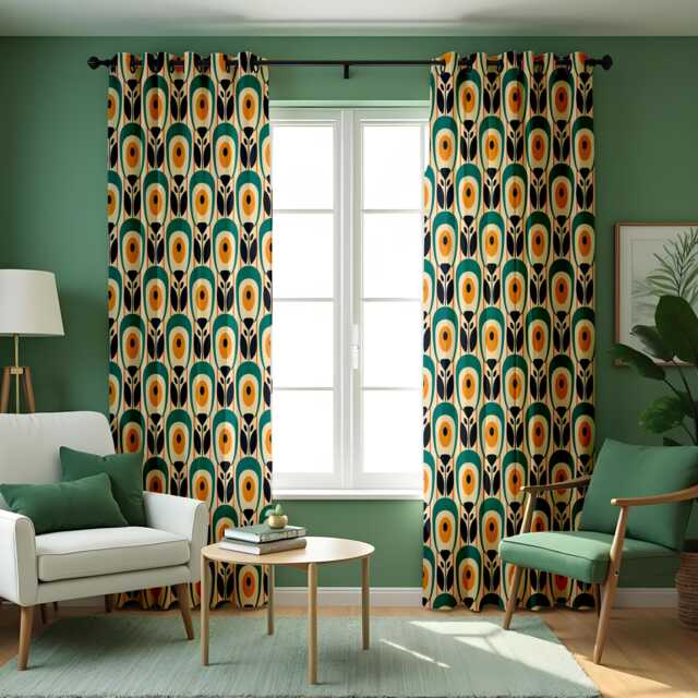 Retro Geometric Curtains, Mustard & Teal Mid-Century Modern Print Drapes, Vintage Style Custom Made Eyelet Or Rod Pocket Panels - image 1