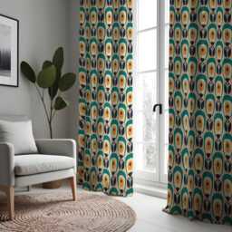 Retro Geometric Curtains, Mustard & Teal Mid-Century Modern Print Drapes, Vintage Style Custom Made Eyelet Or Rod Pocket Panels - thumbnail 3
