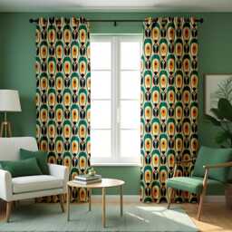Retro Geometric Curtains, Mustard & Teal Mid-Century Modern Print Drapes, Vintage Style Custom Made Eyelet Or Rod Pocket Panels