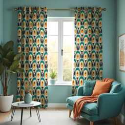 Retro Geometric Curtains, Mustard & Teal Mid-Century Modern Print Drapes, Vintage Style Custom Made Eyelet Or Rod Pocket Panels - thumbnail 4