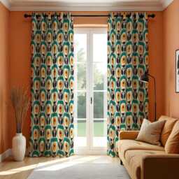 Retro Geometric Curtains, Mustard & Teal Mid-Century Modern Print Drapes, Vintage Style Custom Made Eyelet Or Rod Pocket Panels - thumbnail 2
