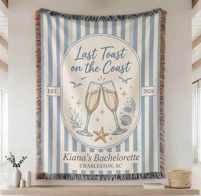 Custom Last Toast On The Coast Blanket, Coastal Bachelorette Throw, Beach Throw Back Weekend Party Favors - image 1