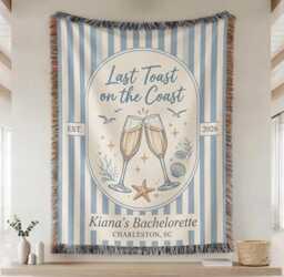 Custom Last Toast On The Coast Blanket, Coastal Bachelorette Throw, Beach Throw Back Weekend Party Favors - thumbnail 1