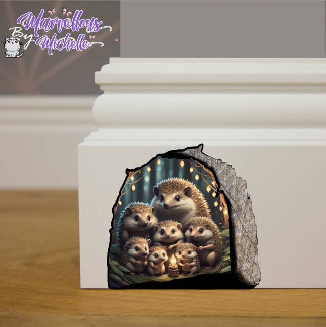 Handmade Cute Fairytale Family Of Hedgehogs in Hole Mouse Wall, Skirting Board, Door Sticker, Decal Children's Kids Decoration M4